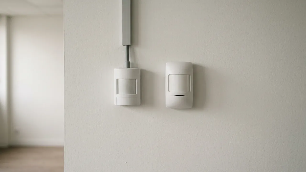 Détecteur filaire et détecteur radio installés côte à côte sur un mur