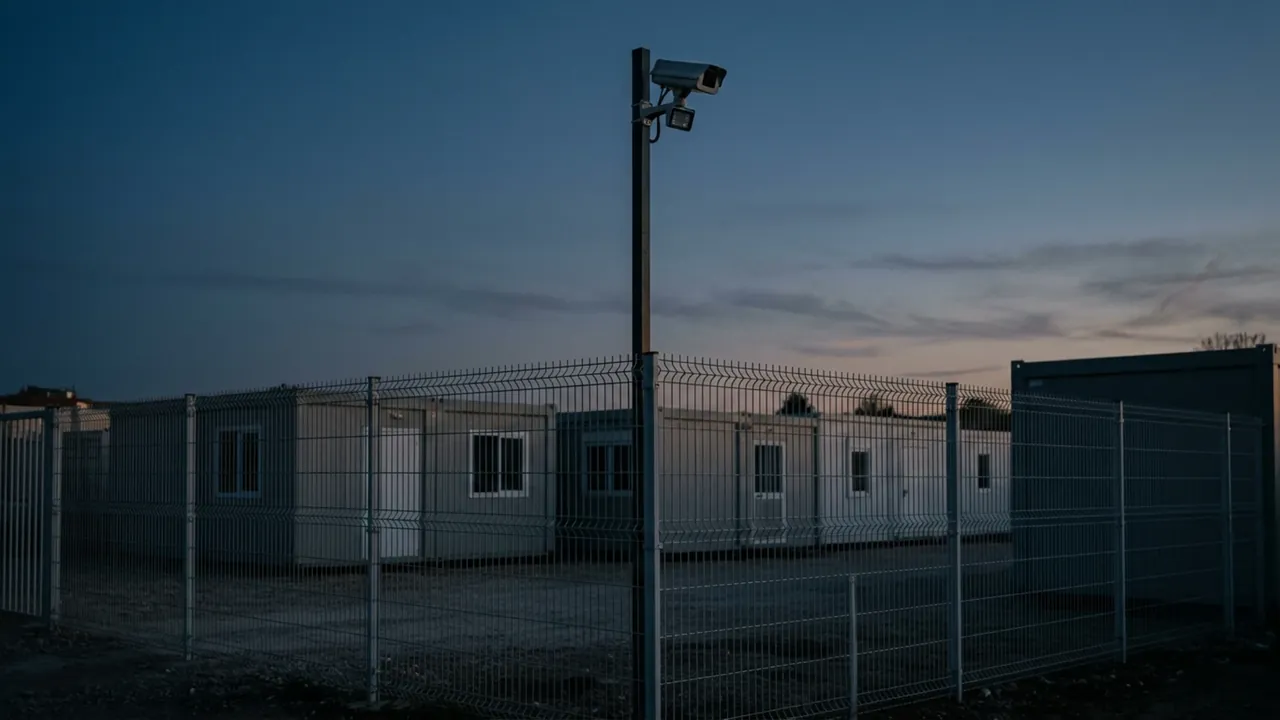 Base-vie de chantier au crépuscule avec caméra sur mât
