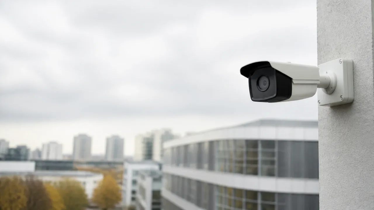 Caméra de vidéosurveillance IP fixée en façade d’un bâtiment tertiaire, sur fond urbain