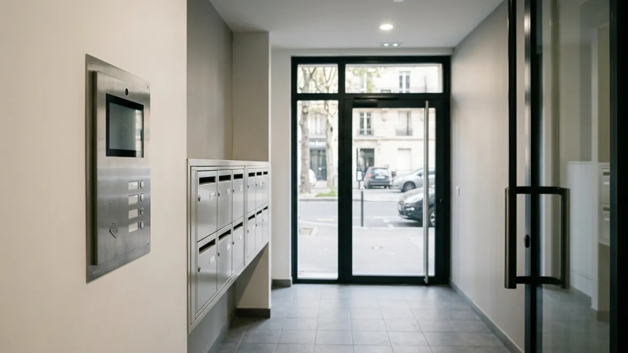 Hall d’accueil avec platine d’interphone vidéo et porte vitrée donnant sur la rue