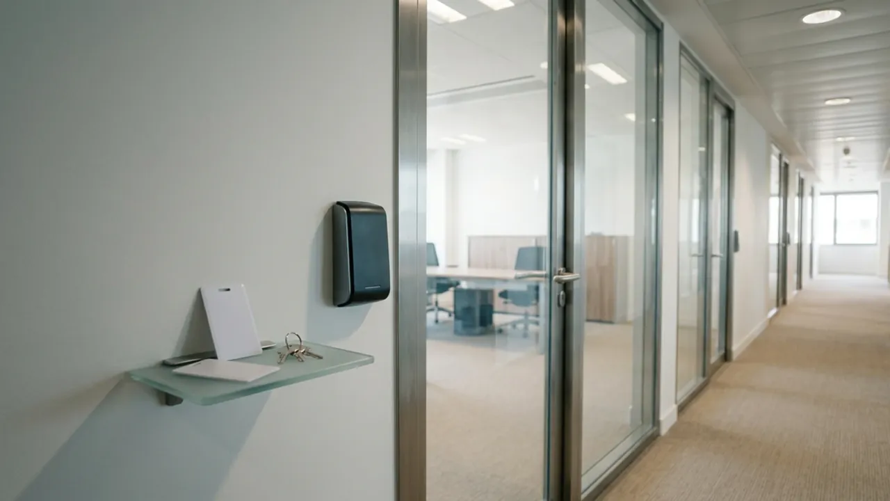 Lecteur de badge mural près d’une porte vitrée, dans un couloir de bureaux