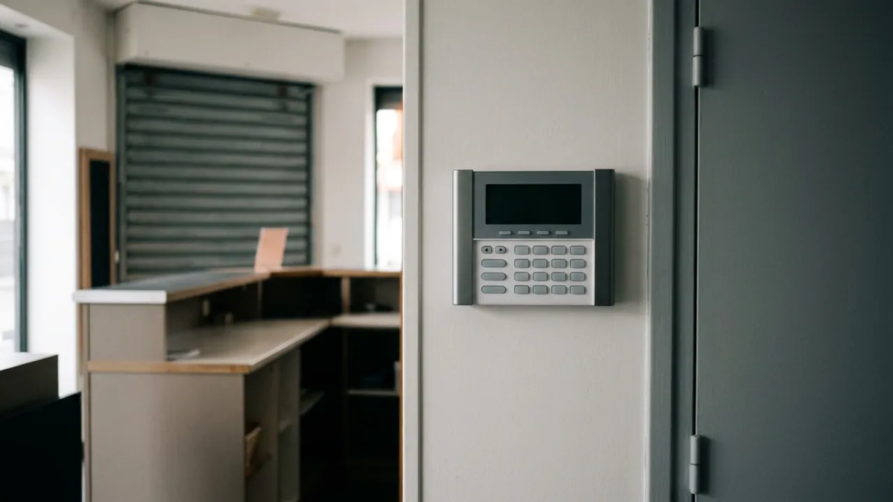 Clavier d’alarme mural près de la porte de service, à l’arrière d’un espace de vente