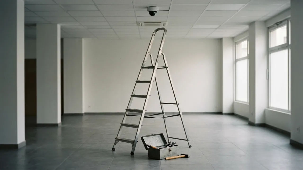 Escabeau et caisse à outils sous une caméra de plafond, lors d’une opération de maintenance