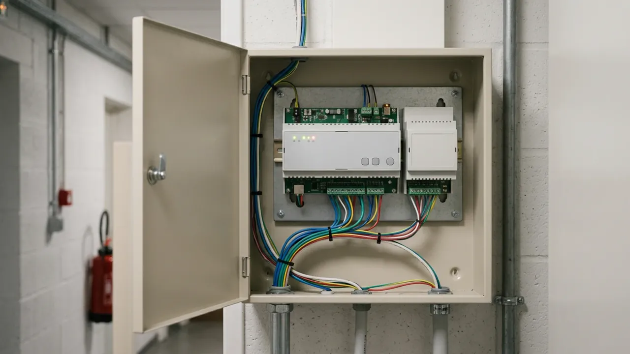 Transmetteur de télésurveillance et module de communication dans un coffret mural ouvert