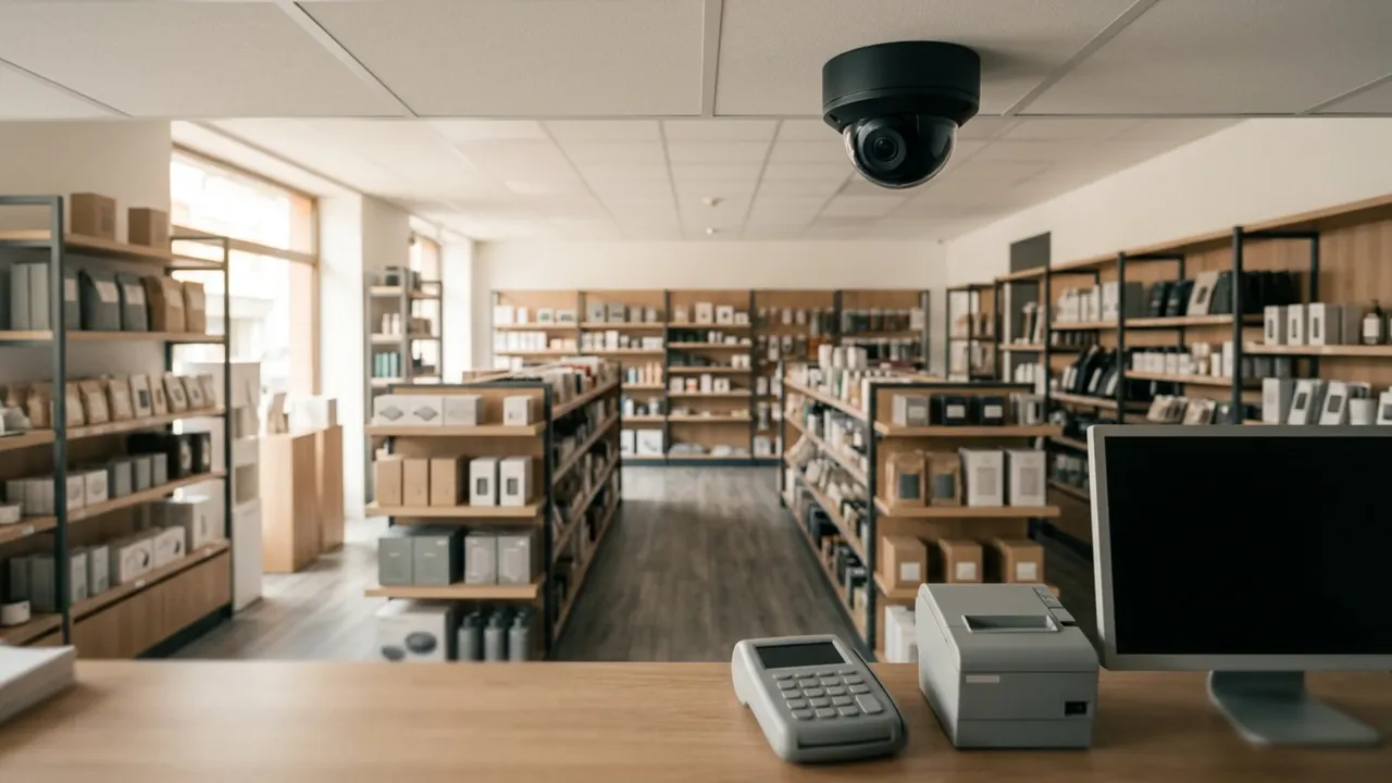 Intérieur de commerce vu depuis l’arrière du comptoir, avec une caméra dôme au plafond au-dessus de l’allée centrale