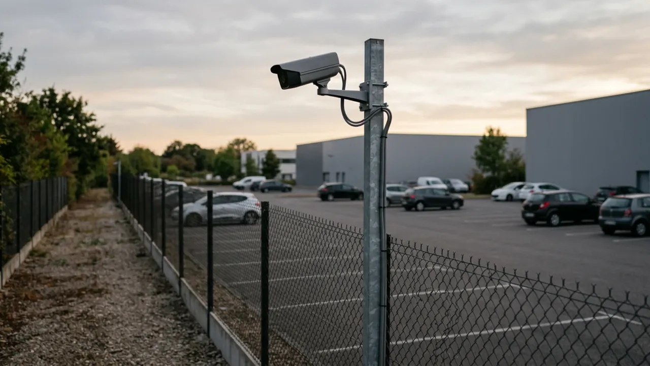 Caméra bullet montée sur un mât en limite de clôture, surveillant le parking d’un site d’activité