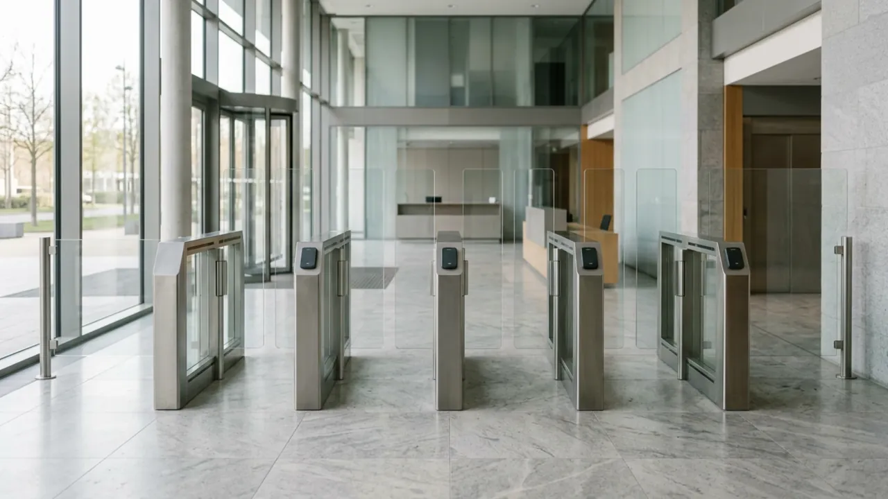 Tourniquets et lecteurs de badge dans un hall d’immeuble de bureaux