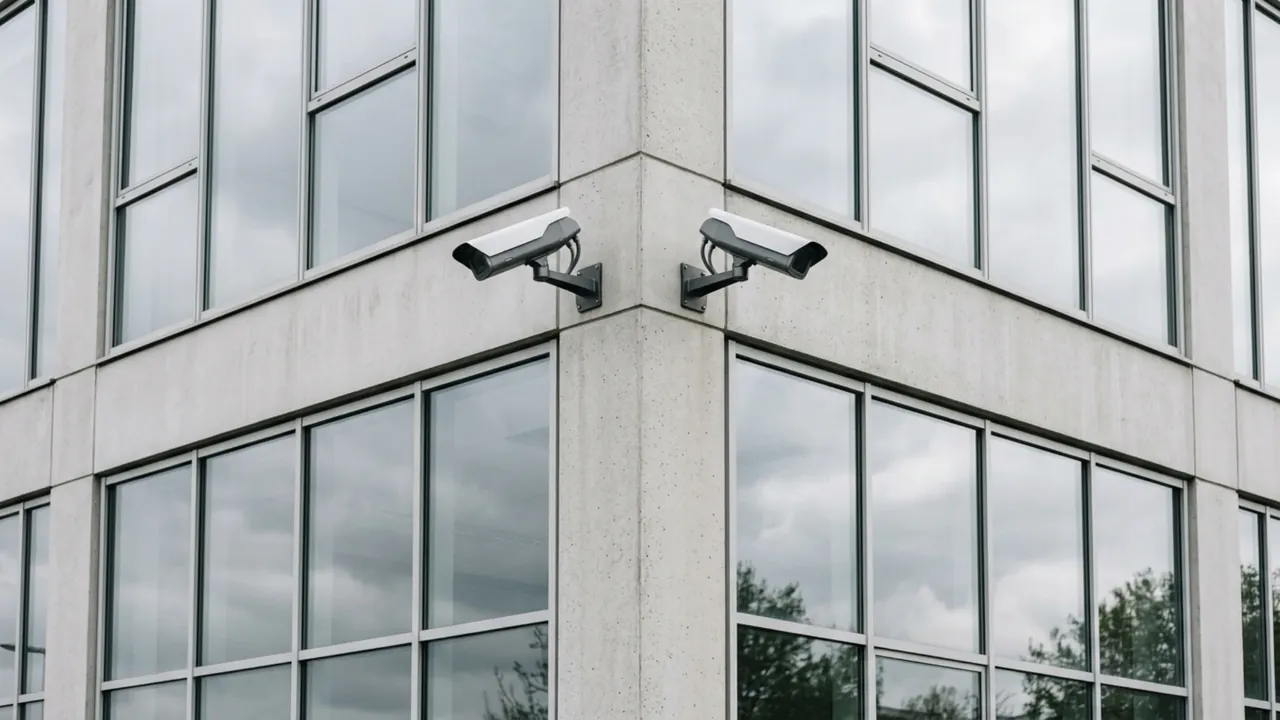 Caméras de vidéosurveillance sur la façade d’un immeuble tertiaire francilien