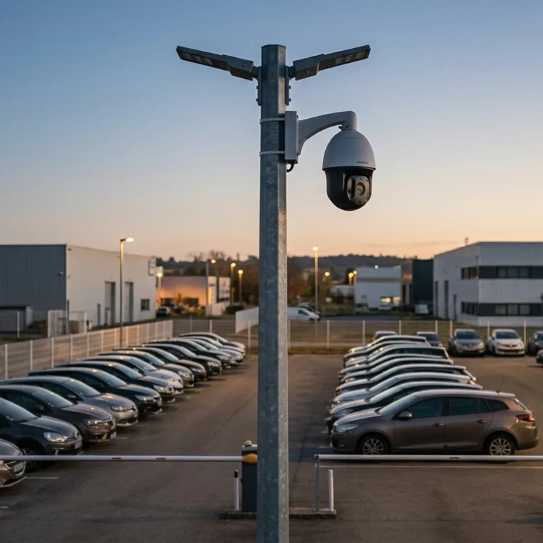 Parc de véhicules d’entreprise au crépuscule, surveillé par une caméra orientable installée sur un mât