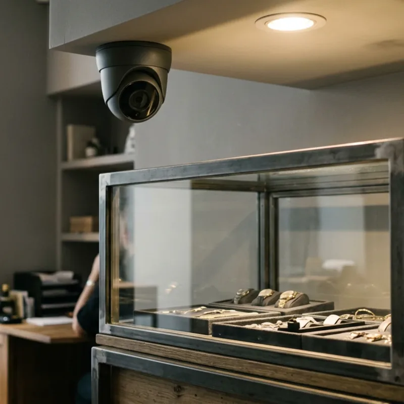 Vitrine intérieure d’un commerce de valeurs, protégée par un vitrage renforcé et une caméra dôme