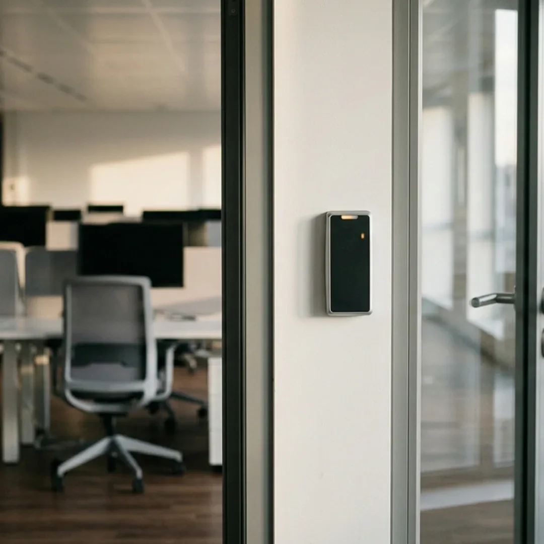 Plateau de bureaux vide dont l’accès est contrôlé par un lecteur de badge posé près de la porte vitrée