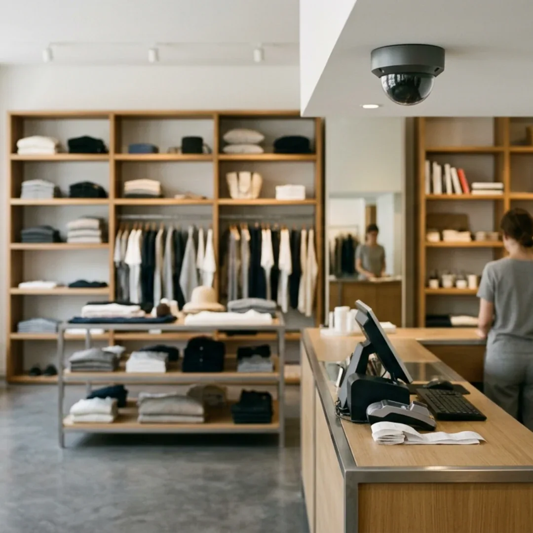 Intérieur d’une boutique de centre-ville, avec une caméra dôme au plafond au-dessus de la zone de caisse