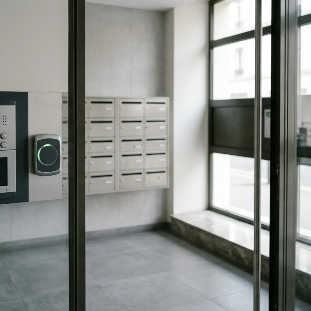 Hall d’entrée d’immeuble d’habitation équipé d’un interphone vidéo, avec des boîtes aux lettres alignées