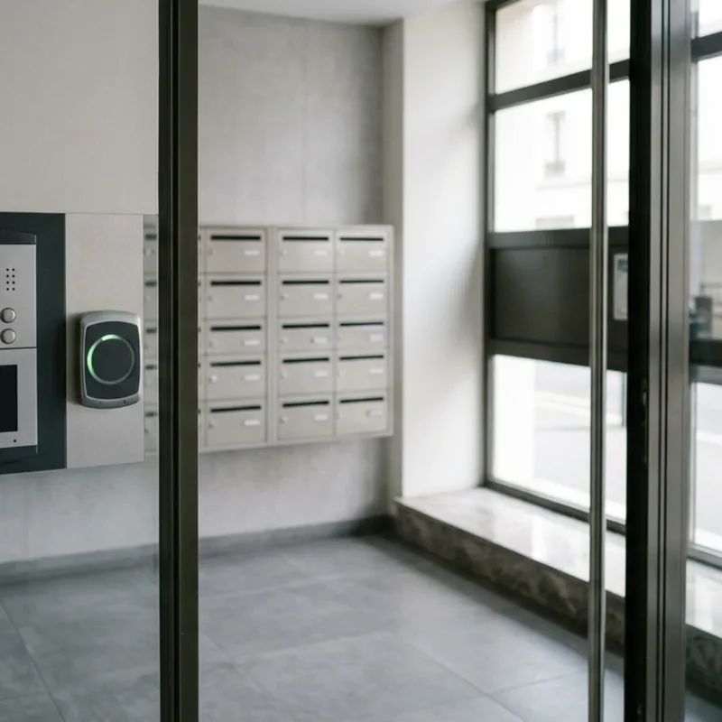Hall d’entrée d’immeuble d’habitation équipé d’un interphone vidéo, avec des boîtes aux lettres alignées