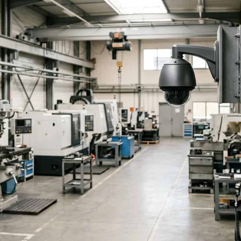 Atelier de production à l’arrêt, avec une caméra orientable fixée sur une structure métallique