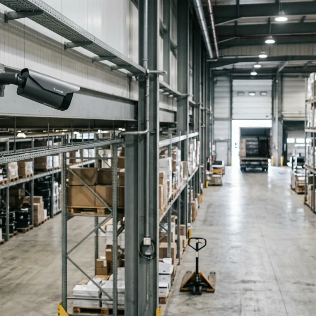 Allée d’entrepôt logistique bordée de racks, surveillée par une caméra orientée vers les quais