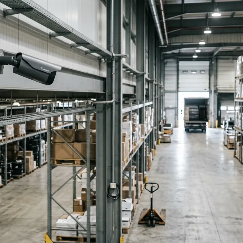 Allée d’entrepôt logistique bordée de racks, surveillée par une caméra orientée vers les quais