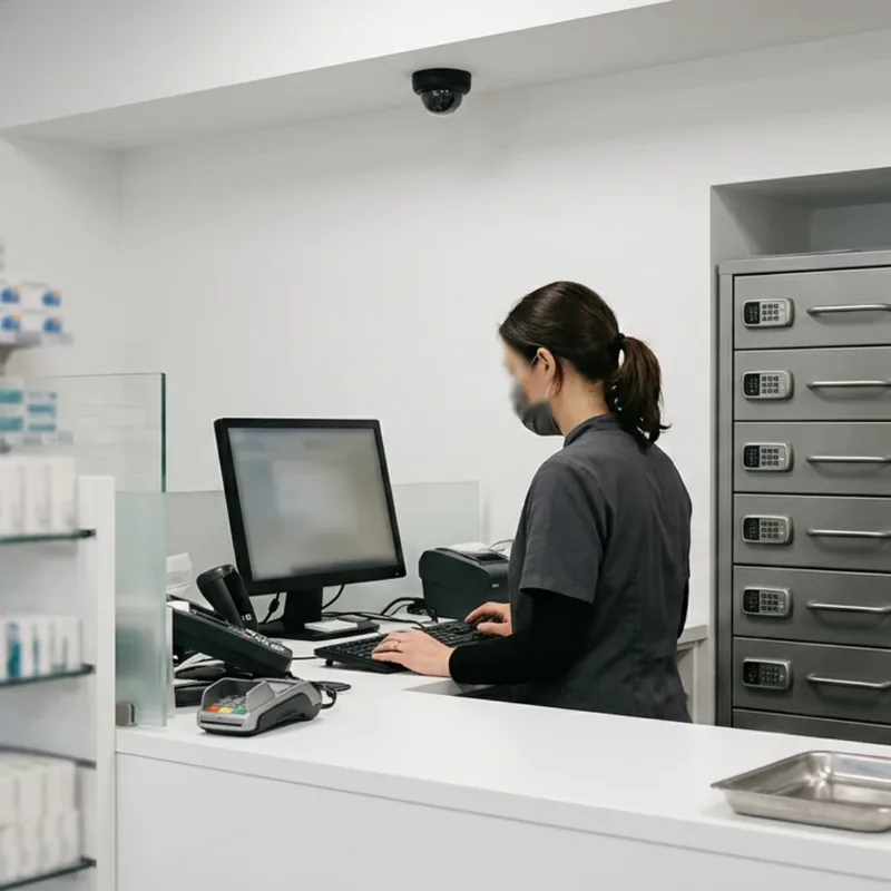 Comptoir de pharmacie équipé de tiroirs sécurisés et surveillé par une caméra dôme au plafond