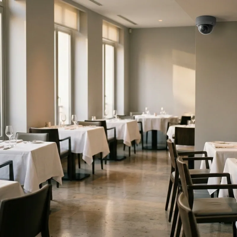 Salle de restaurant dressée avant le service, avec une caméra discrète en angle de plafond