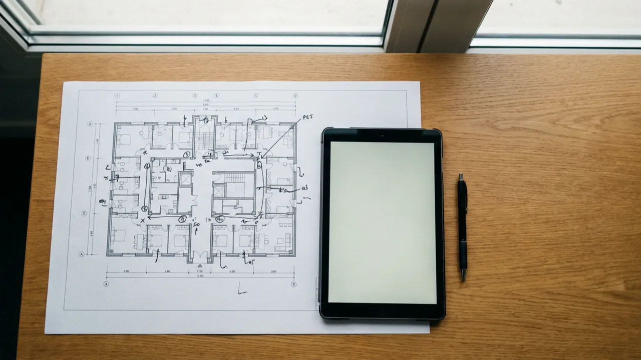 Plan de bâtiment annoté posé sur une table, avec un stylo et une tablette, lors de la préparation d’un audit