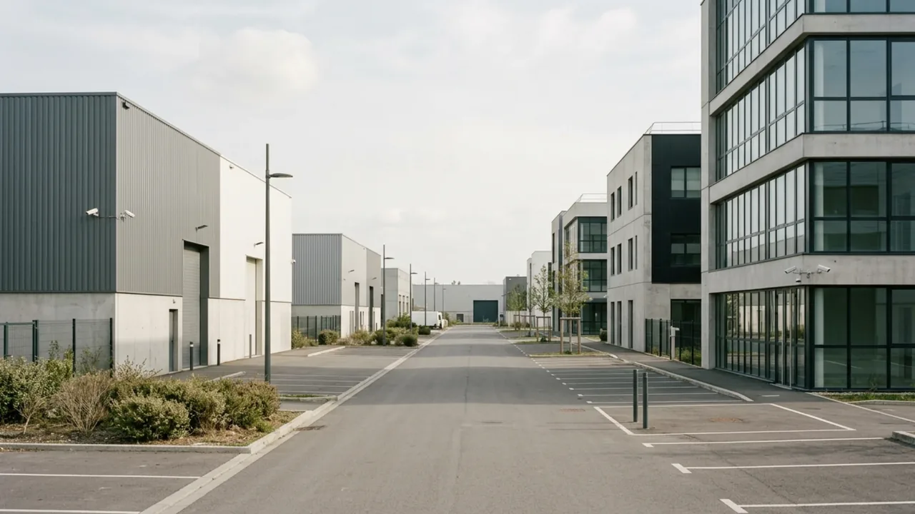 Zone d’activité de Seine-Saint-Denis mêlant entrepôts, petites unités industrielles et bureaux récents